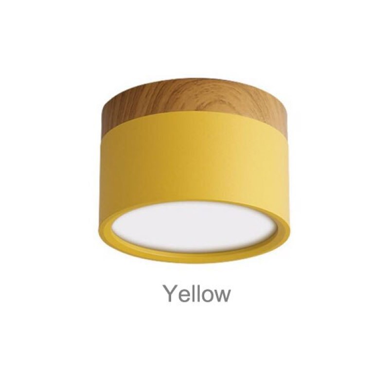 Clérachic Wood-Grain Cylinder Ceiling Light in Yellow, a bright mustard barrel topped by wood-grain trim.