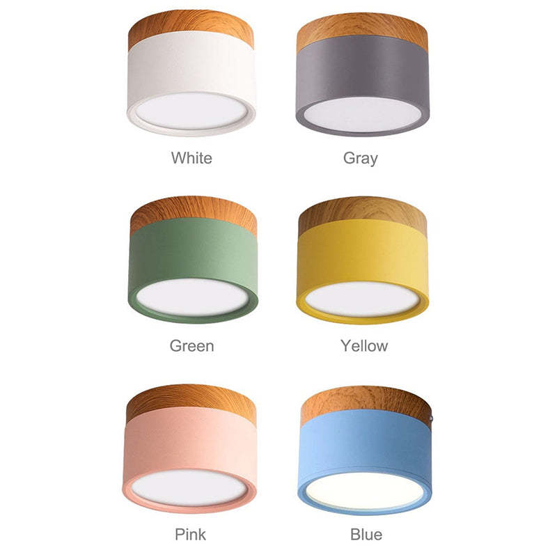 Six body colours of the Clérachic Wood-Grain Cylinder Ceiling Light — White, Gray, Green, Yellow, Pink and Blue.