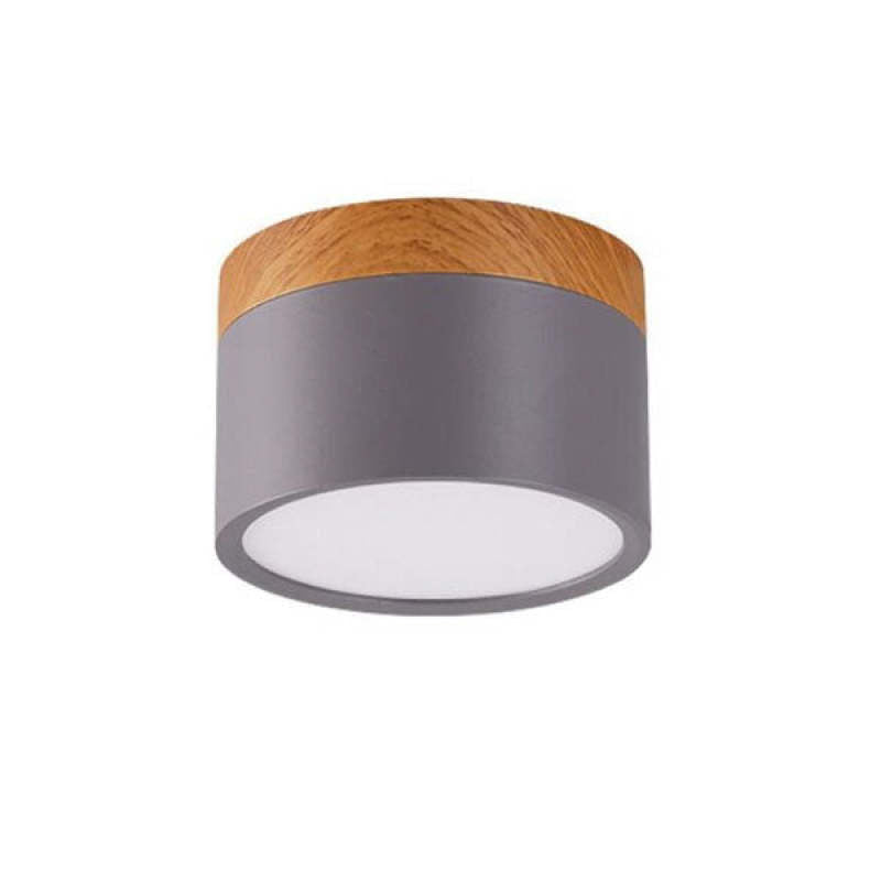 Clérachic Wood-Grain Cylinder Ceiling Light in gray, a compact barrel just 7 cm deep against a white background.