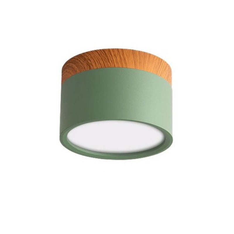 Clérachic Wood-Grain Cylinder Ceiling Light in green, unlit, its matte olive body set against plain white.