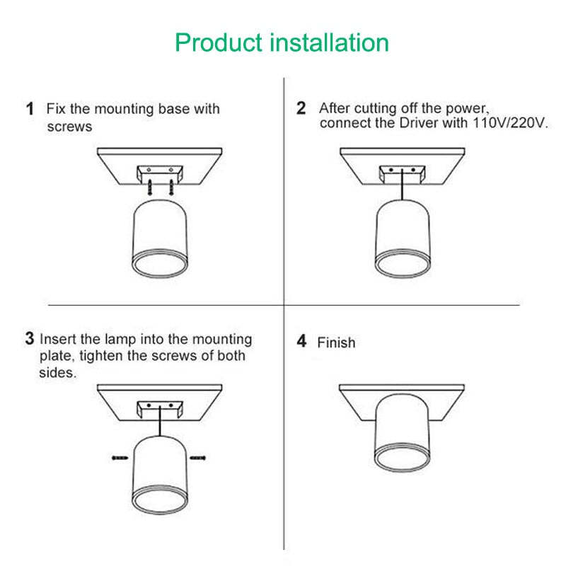 Four-step installation diagram for the Clérachic Wood-Grain Cylinder Ceiling Light: fix the plate, wire it, slide the body on, finish.