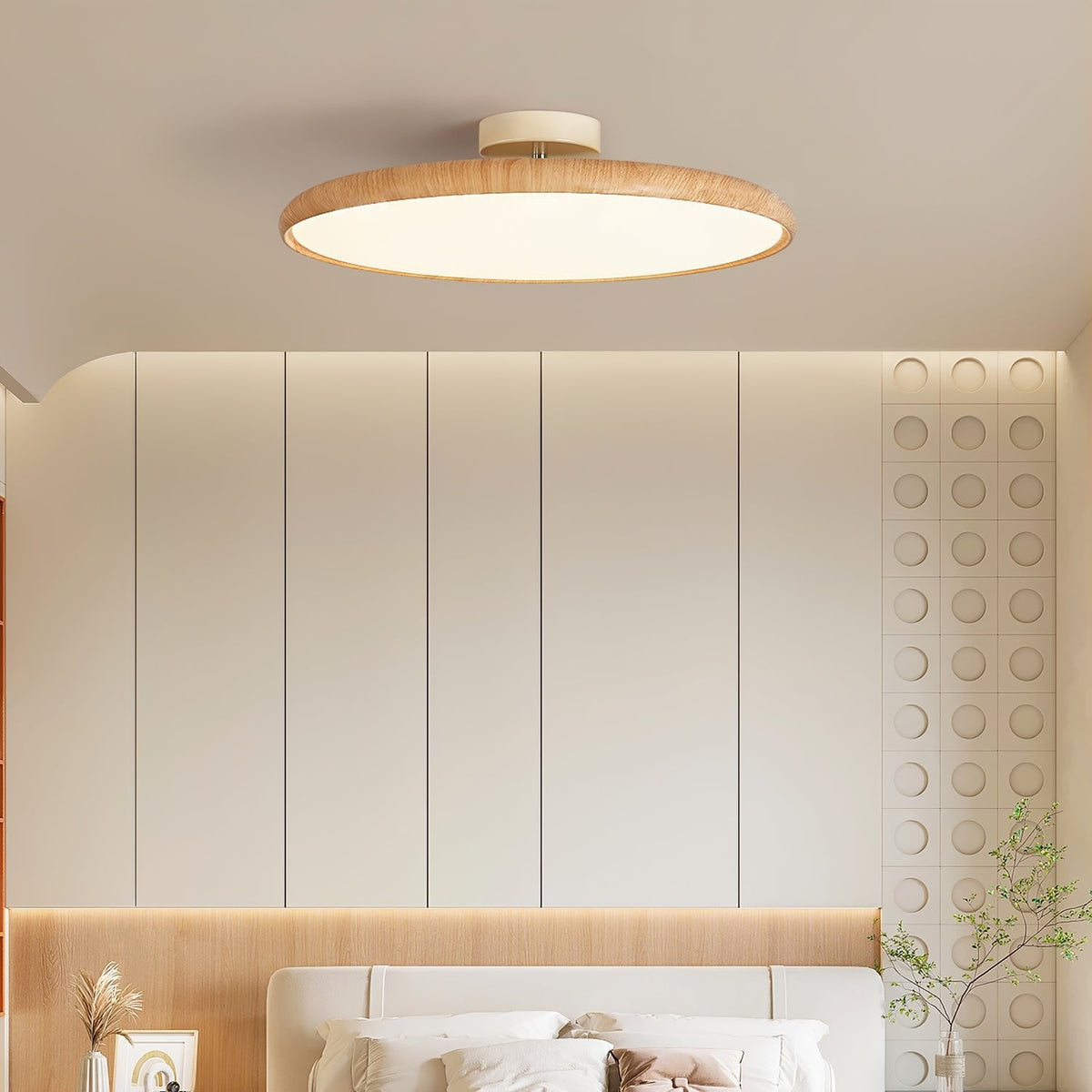 A light wood-grain Clérachic ceiling light above a bed, with panelled walls and a wall of round-patterned tiles behind.