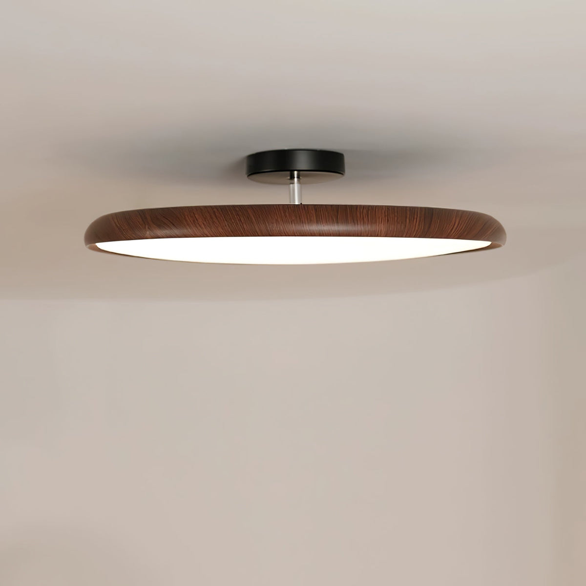 Close view of the walnut-grain ring on this Clérachic ceiling light, with its black canopy on a pale ceiling.