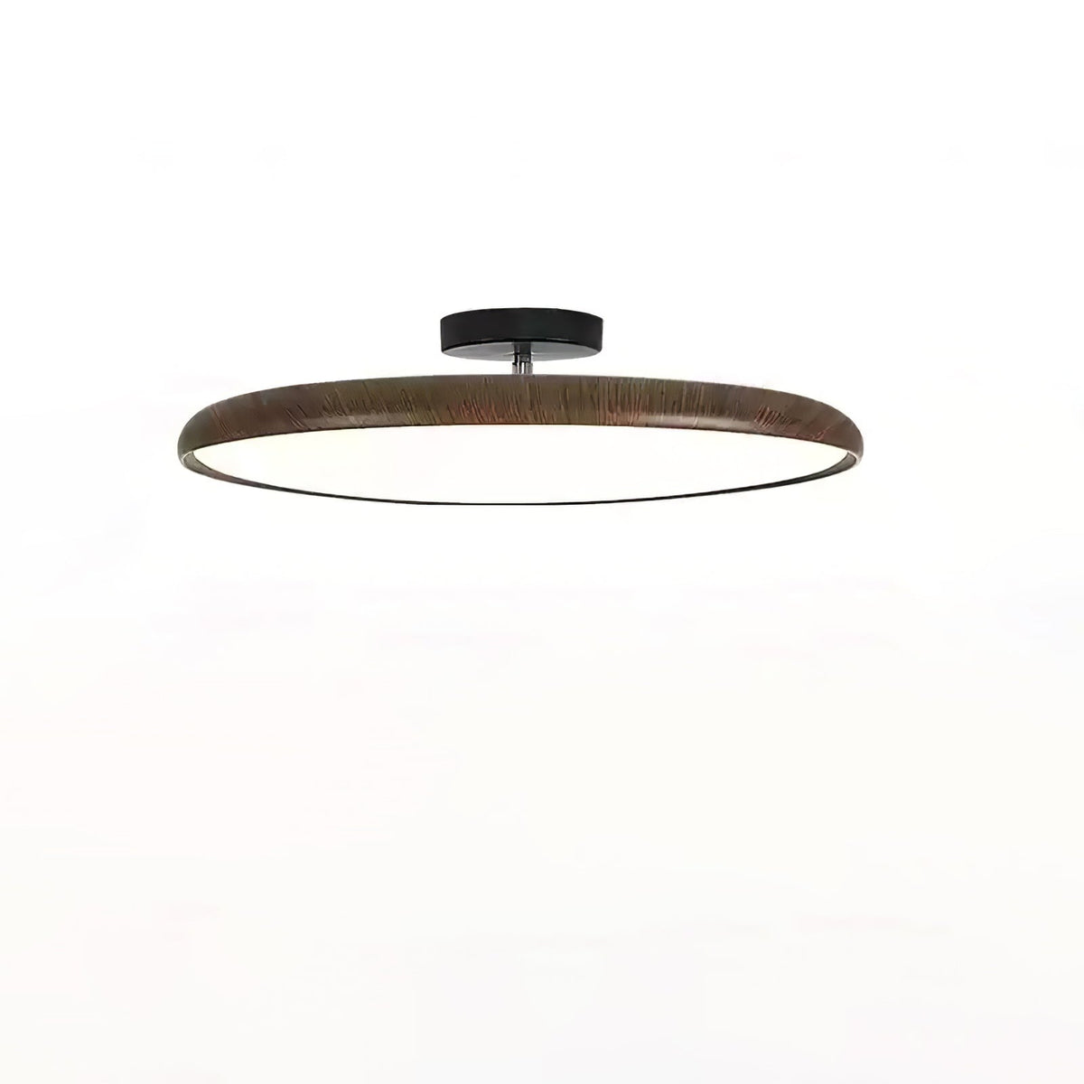 Dark walnut-grain ring on a black canopy, this Clérachic ceiling light seen from the side on a white backdrop.