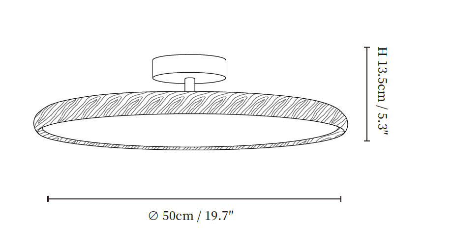 Dimension drawing of this Clérachic ceiling light, with its 50 cm diameter and 13.5 cm height marked.