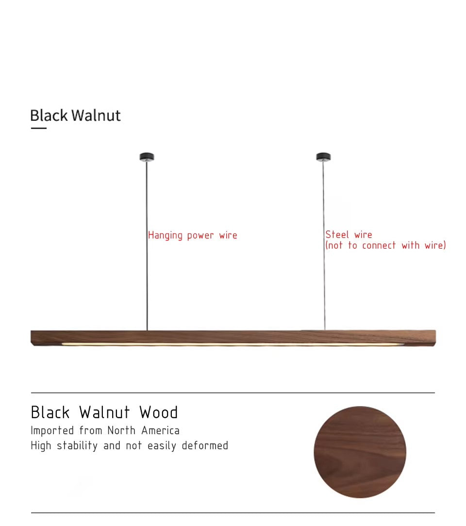 Clérachic walnut wood beam pendant diagram: one cable carries the power, the other is a steel support wire with no electrical connection.