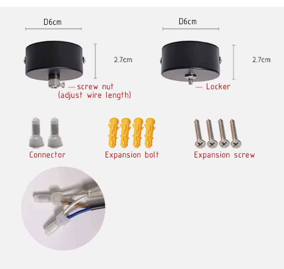 The two round black ceiling canopies of the Clérachic wood beam pendant, 6 cm across and 2.7 cm high, with connectors, wall plugs and screws.