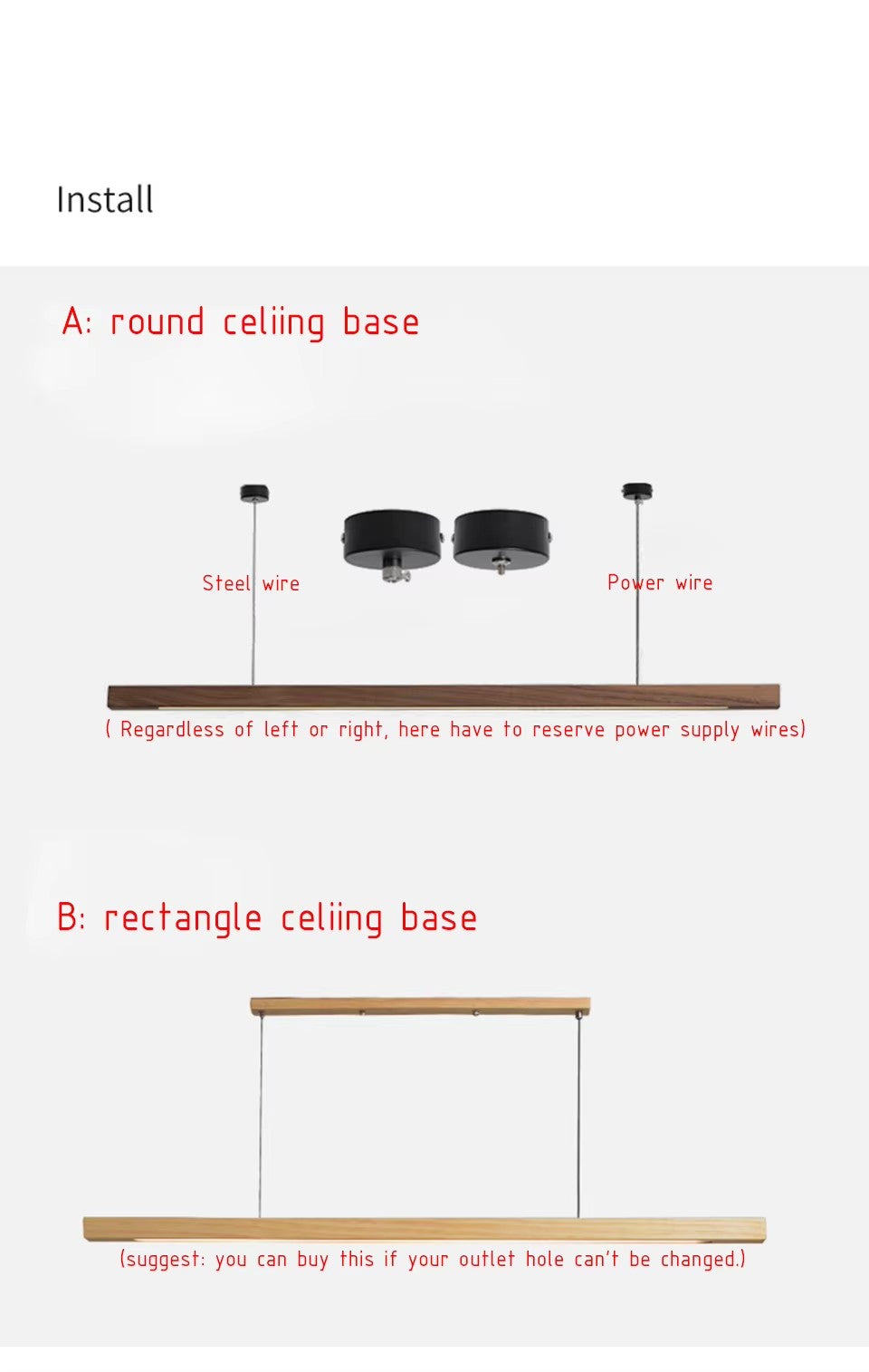 Installation diagram for the Clérachic wood beam pendant, with two round ceiling canopies or a single rectangular ceiling bar.