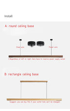 Installation diagram for the Clérachic wood beam pendant, with two round ceiling canopies or a single rectangular ceiling bar.