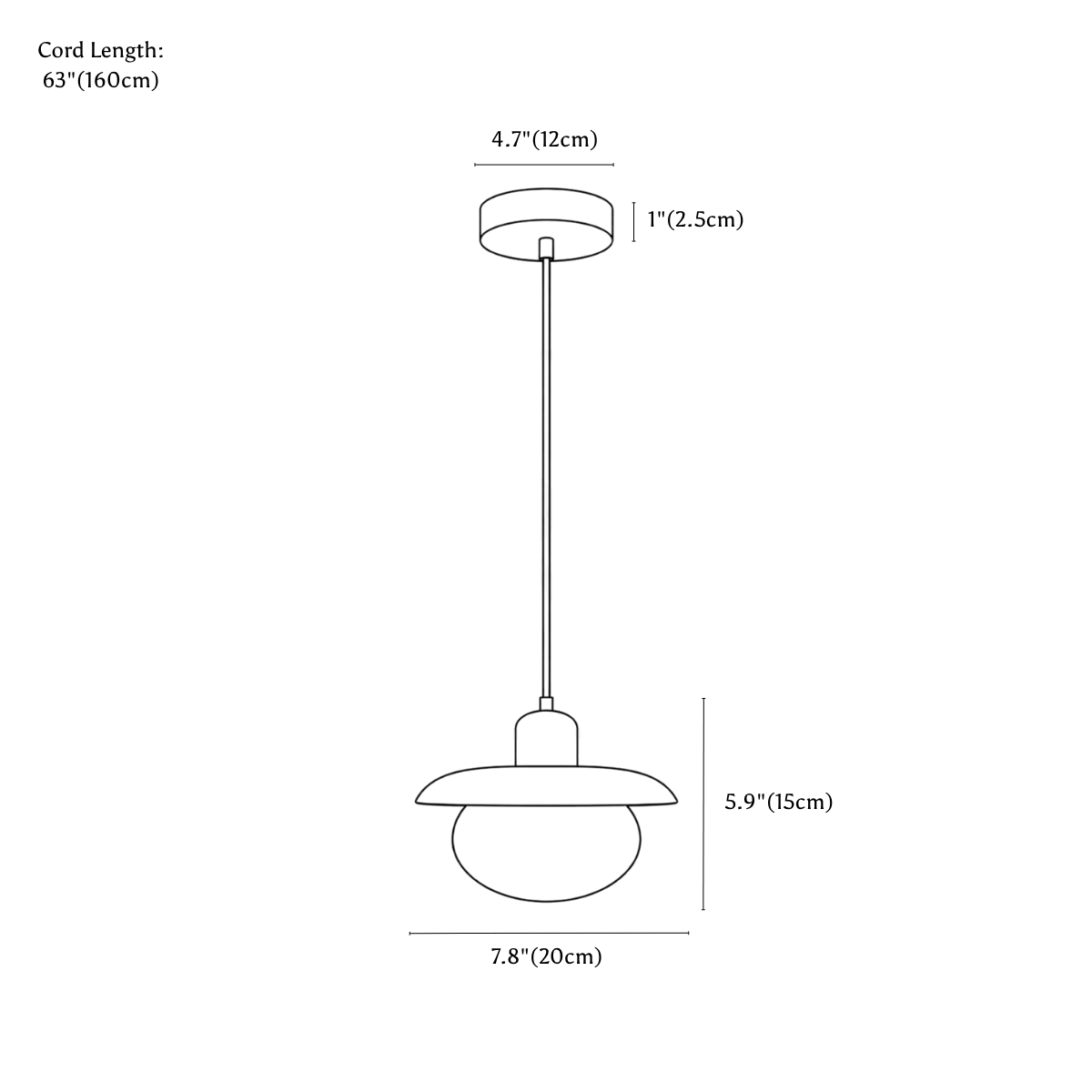 Clérachic pendant light dimension drawing, every measurement marked in centimetres and inches.