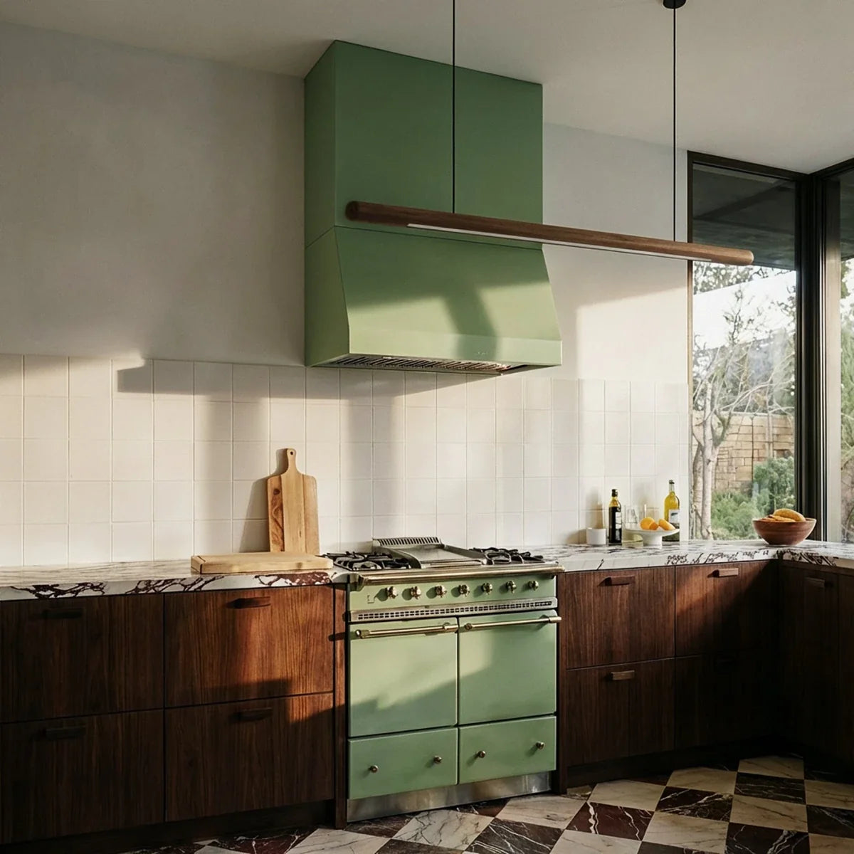 A Clérachic black walnut pendant bar glows above a kitchen island beneath a sage green range hood.