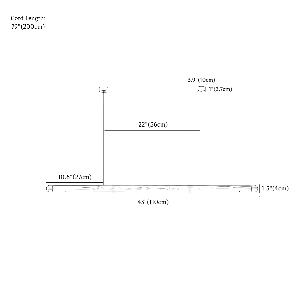 Clérachic pendant light dimension drawing, 43 110 cm, every measurement marked in centimetres and inches.