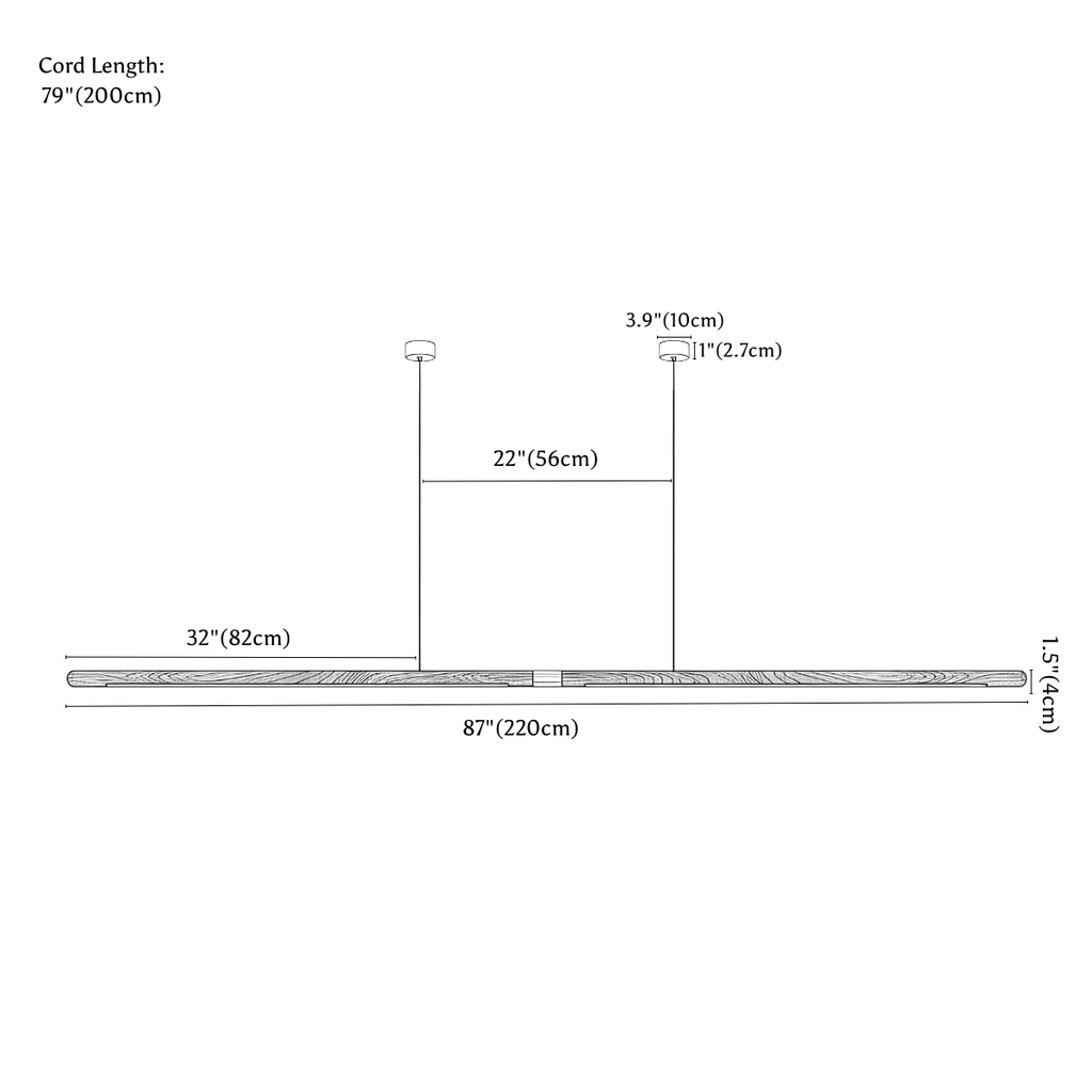 Clérachic pendant light dimension drawing, 87 220 cm, every measurement marked in centimetres and inches.