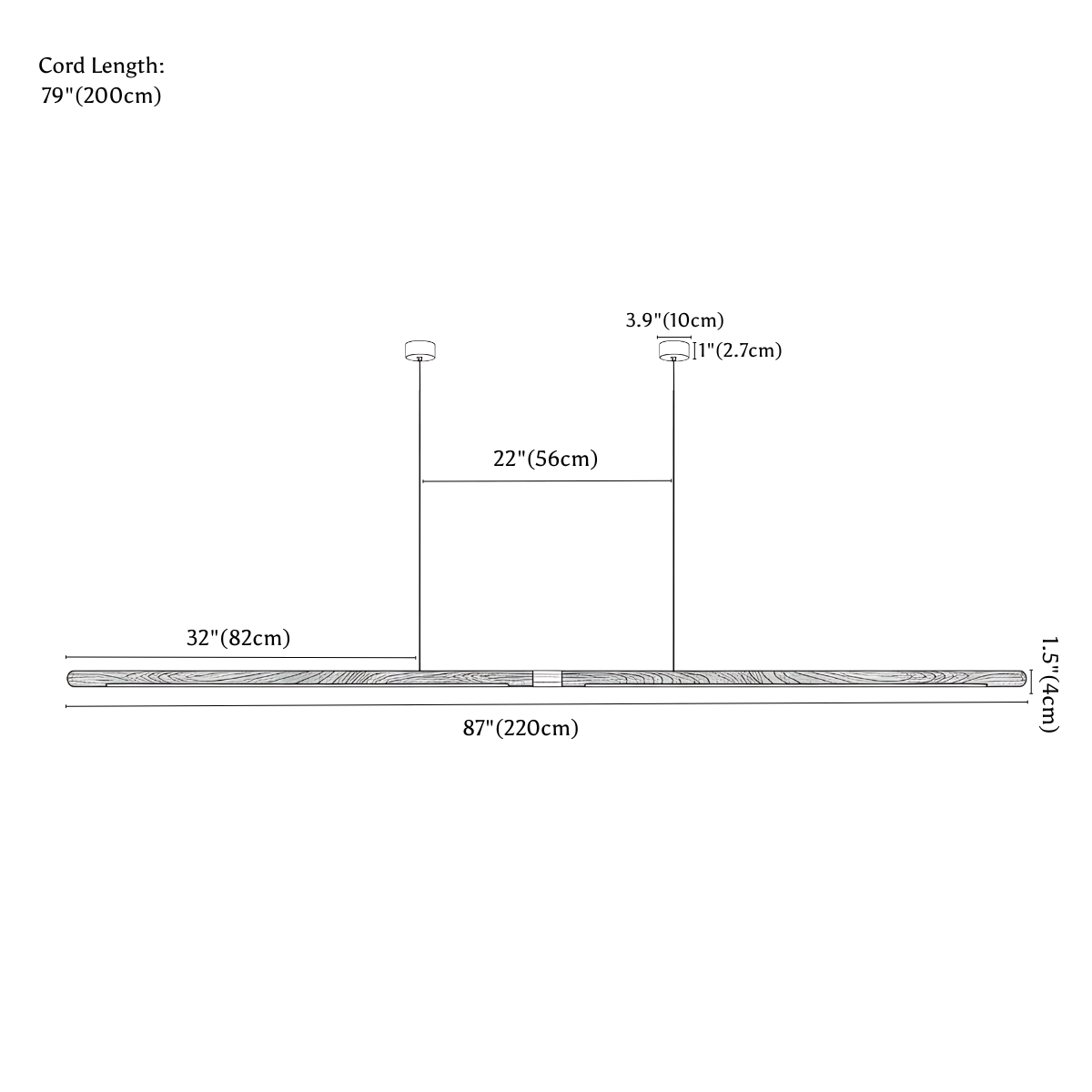 Clérachic pendant light dimension drawing, 87 220 cm, every measurement marked in centimetres and inches.