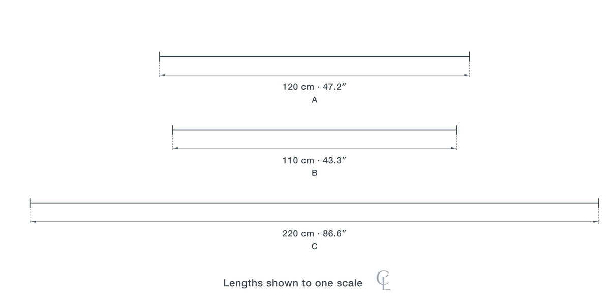 Technical dimension drawing of the Clérachic Wood Pendant Light for Dining Table, Black Walnut, 120 cm Long in 3 sizes — A at 120 cm (47.2″) long, B at 110 cm (43.3″) long, C at 220 cm (86.6″) long, drawn to one scale.