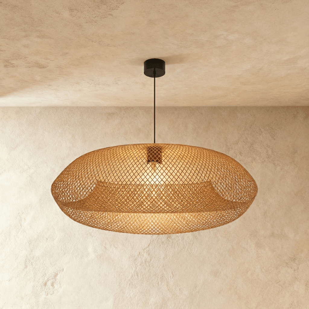 Clérachic woven rattan pendant light with a wide lozenge-shaped lattice shade, glowing warm against a plaster wall.