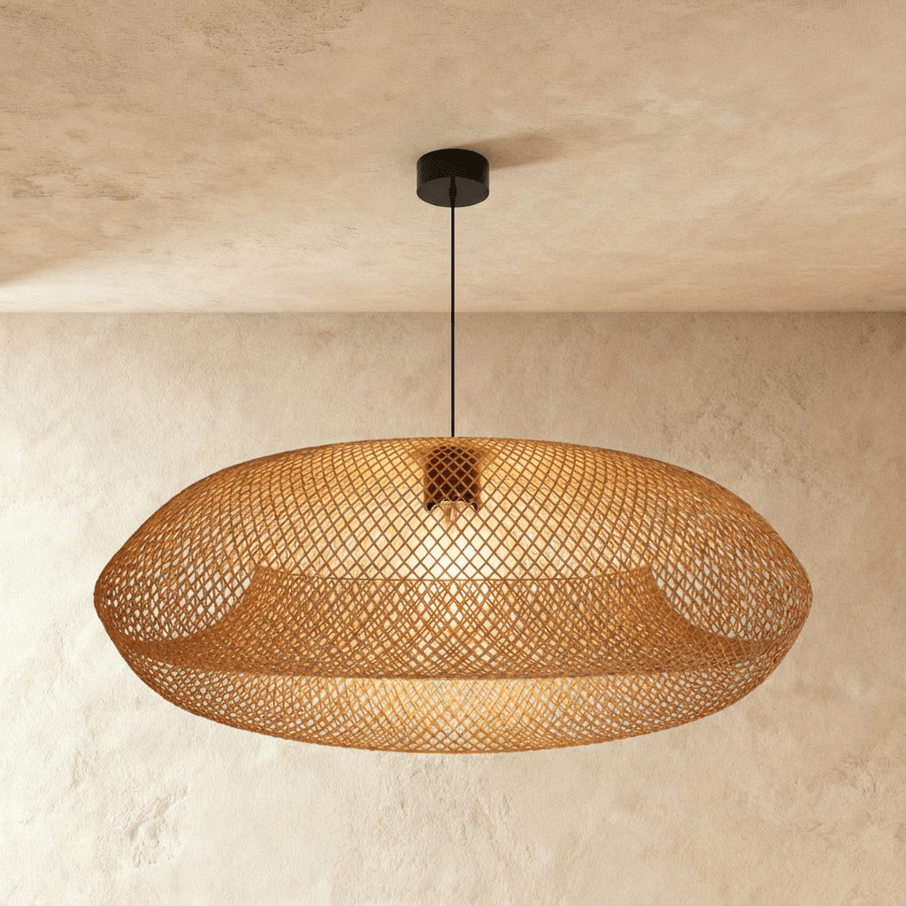 Clérachic woven rattan pendant light with a wide lattice shade glowing warm, viewed against a plaster ceiling.