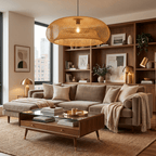Clérachic woven rattan pendant light hanging above a sectional sofa and wood bookshelves in a daylit living room.