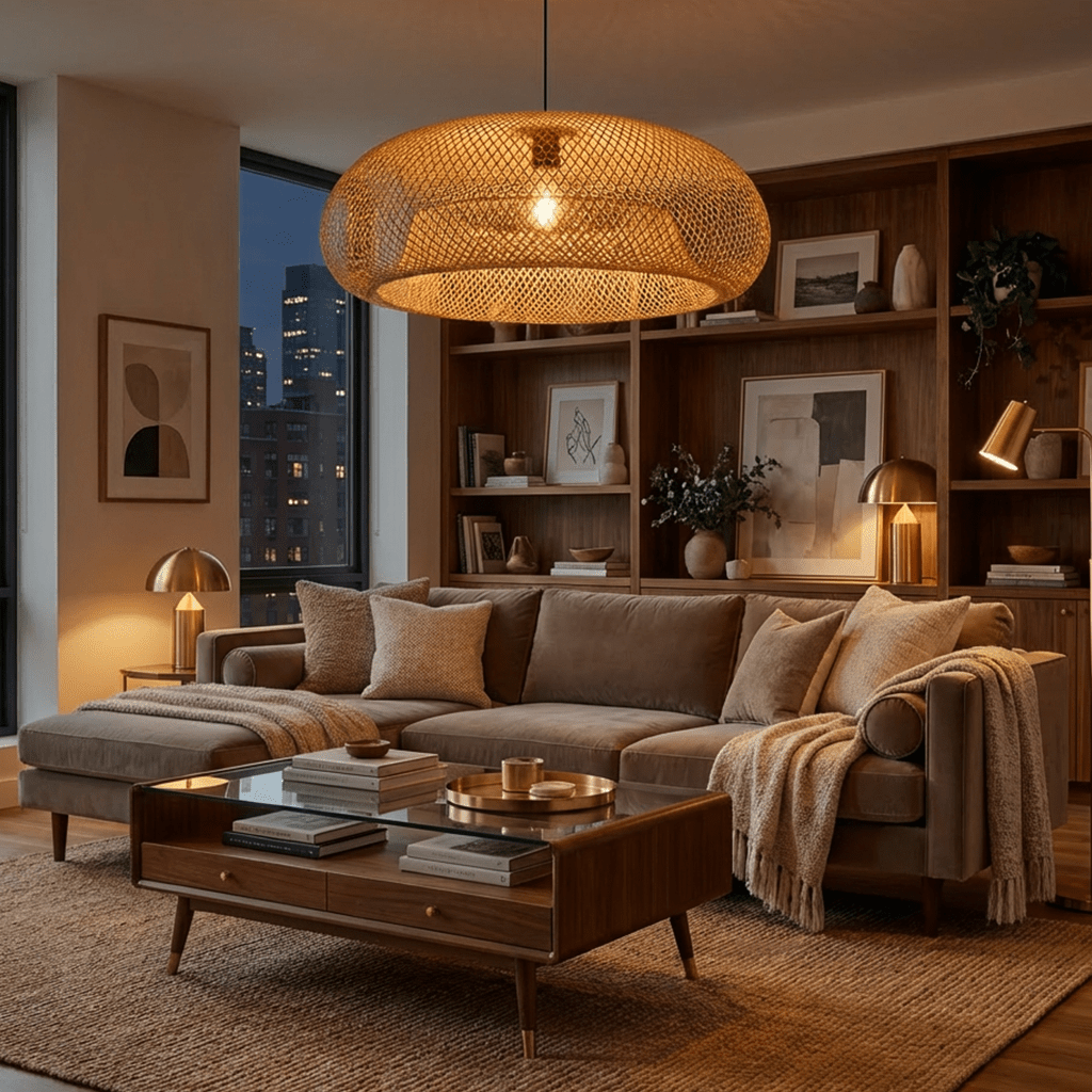 Clérachic woven rattan pendant light glowing warm above a living room sofa at dusk, city skyline visible through the window.