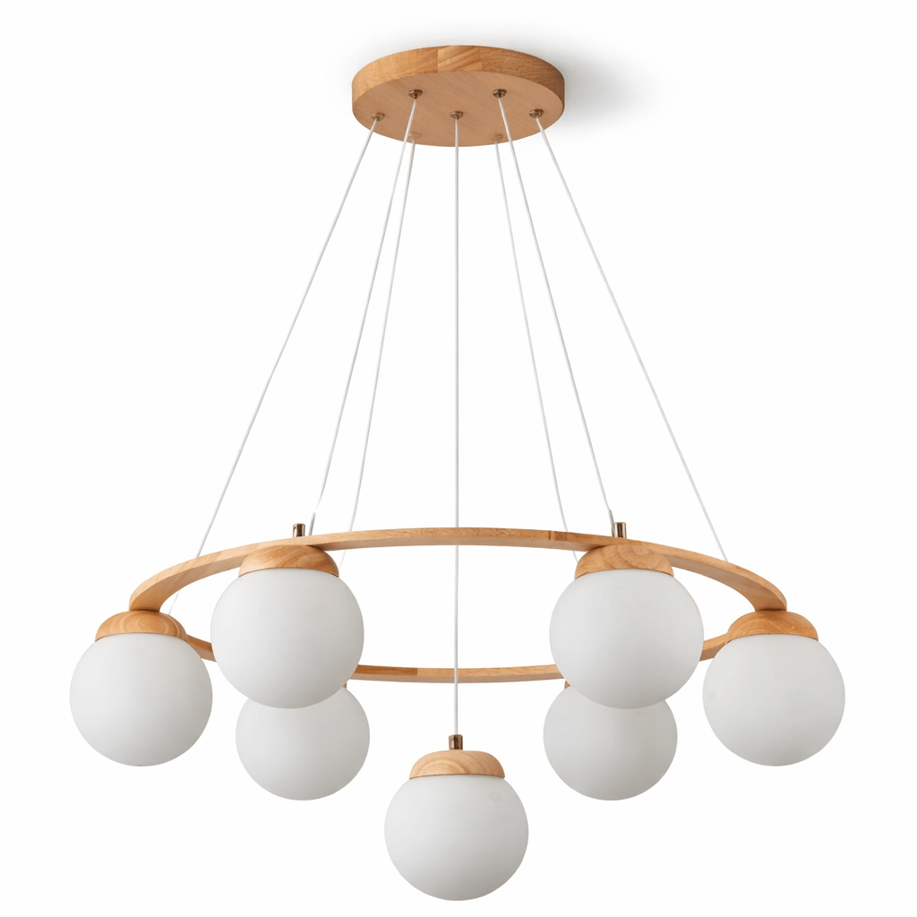 Wood-ring chandelier from Clérachic with seven frosted white globes, wire suspension and a round ceiling plate, on a white background.