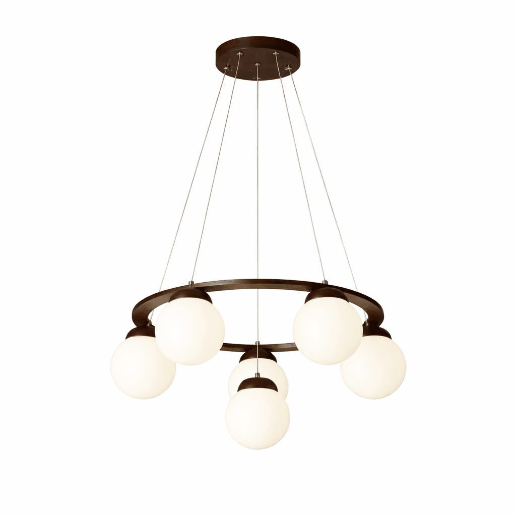 Walnut-toned ring and ceiling plate on this Clérachic chandelier, with white globes glowing warm, on a white background.