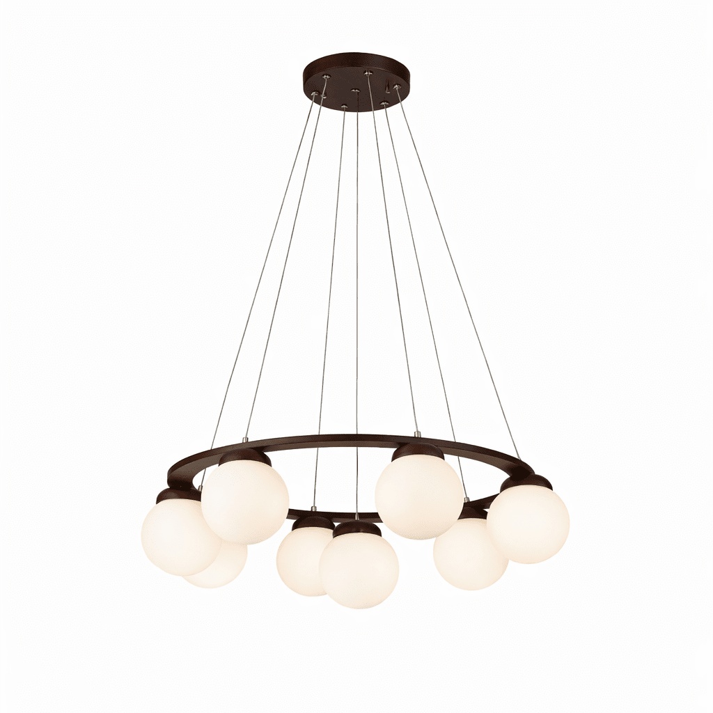 A walnut-finish Clérachic chandelier with a dark ring and a full set of frosted globes, hung on long wires against a white backdrop.