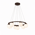 A walnut-finish Clérachic chandelier with a dark ring and a full set of frosted globes, hung on long wires against a white backdrop.