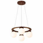 Compact Clérachic chandelier with a dark walnut ring and plate, four white globes and fine wires, on a white background.