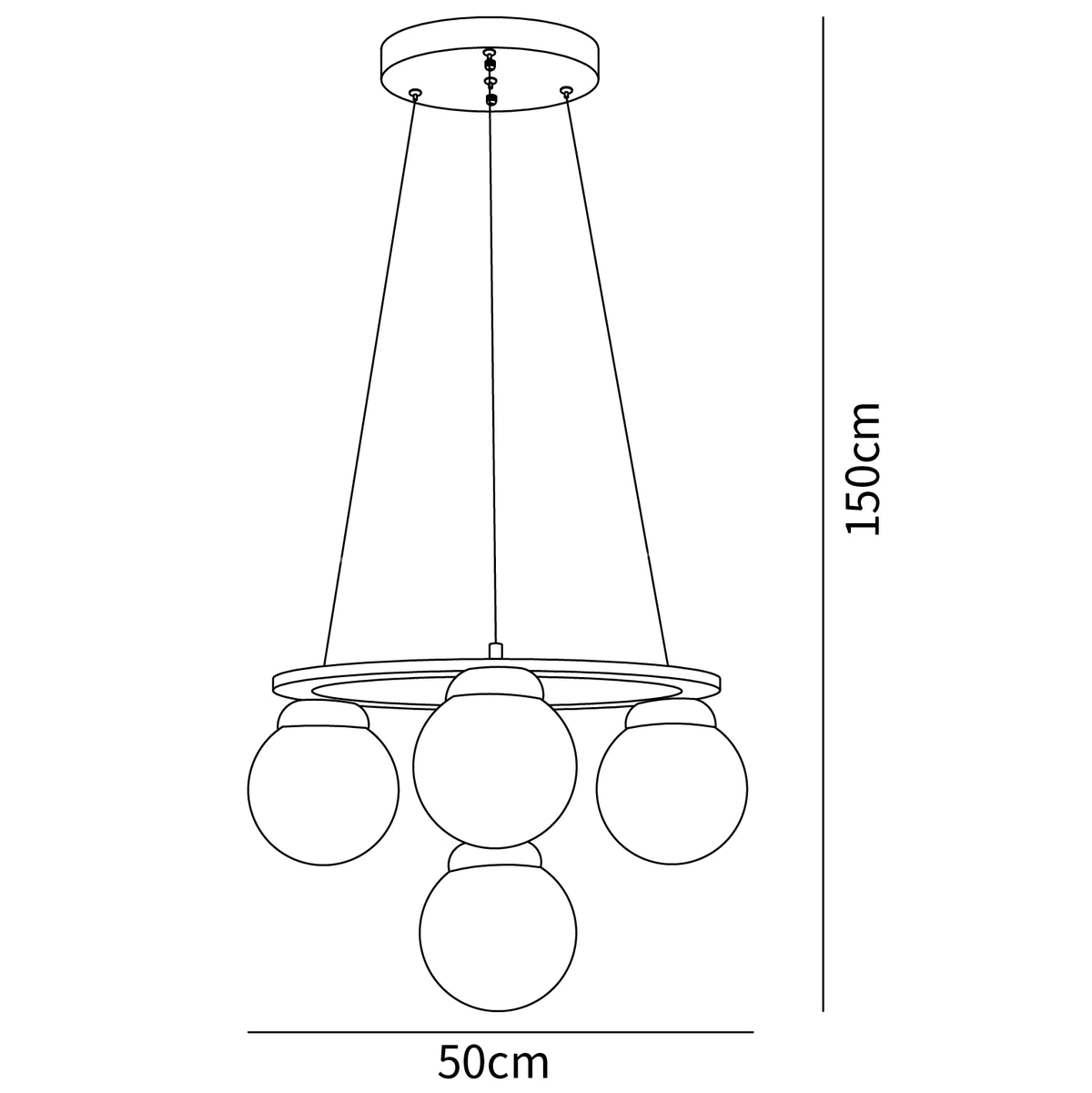 Dimension drawing of this Clérachic chandelier with four globes, with its 50 cm width and 150 cm drop marked.
