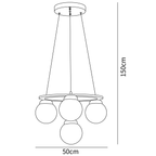 Dimension drawing of this Clérachic chandelier with four globes, with its 50 cm width and 150 cm drop marked.