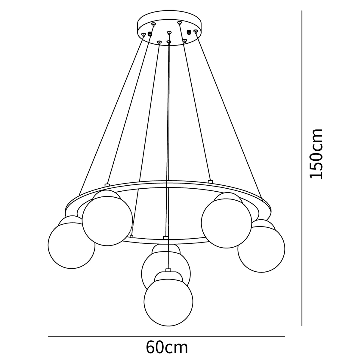 Dimension drawing of this Clérachic chandelier with six globes, with its 60 cm width and 150 cm drop marked.