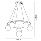 Dimension drawing of this Clérachic chandelier with six globes, with its 60 cm width and 150 cm drop marked.