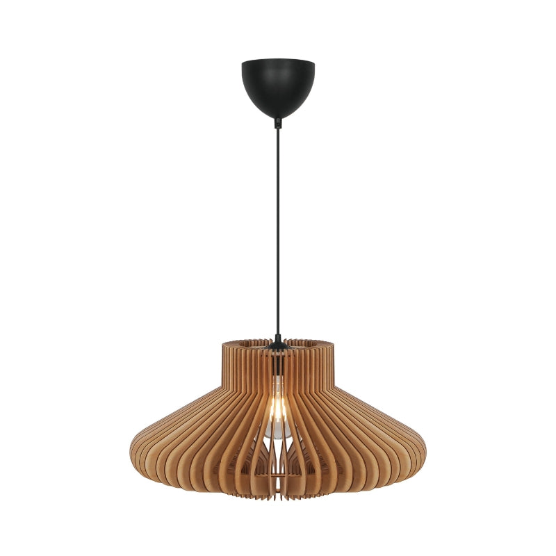 Clérachic wood-slat pendant light hanging from its black cord, the honey-toned strips sweeping from a narrow collar into a wide skirt with the bulb lit inside.