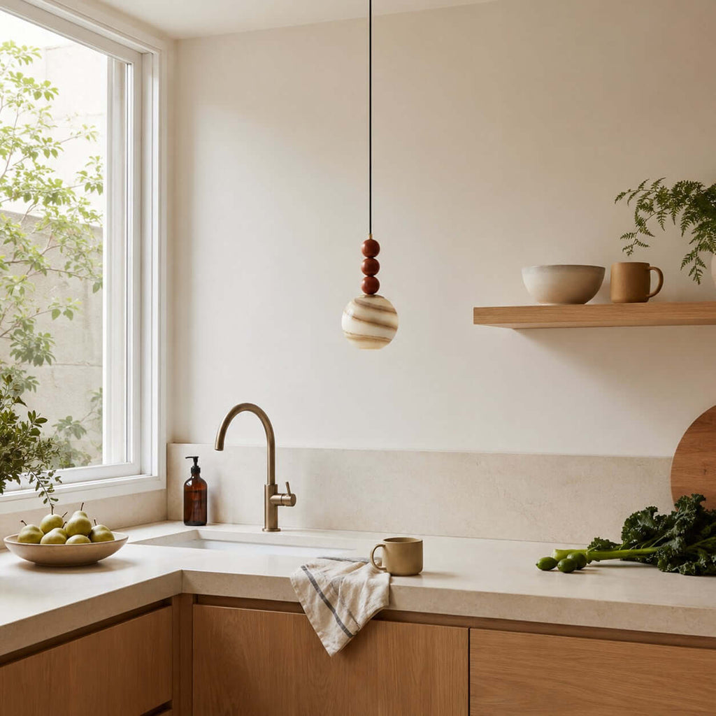 A banded cream-and-amber globe on this Clérachic pendant hangs near a sunny window above a pale kitchen counter.