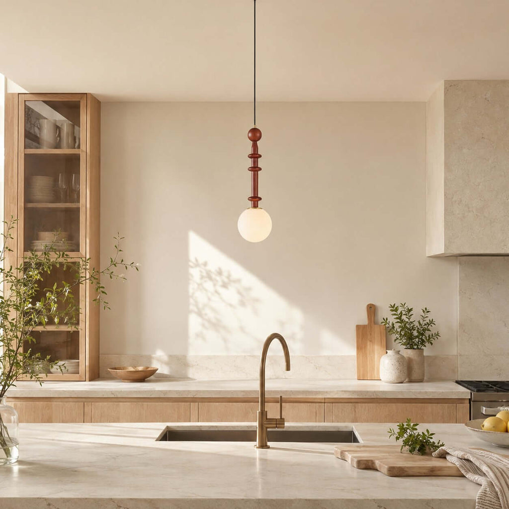 A single Clérachic pendant with a frosted white globe hangs in a bright kitchen with oak cabinets and a stone worktop.