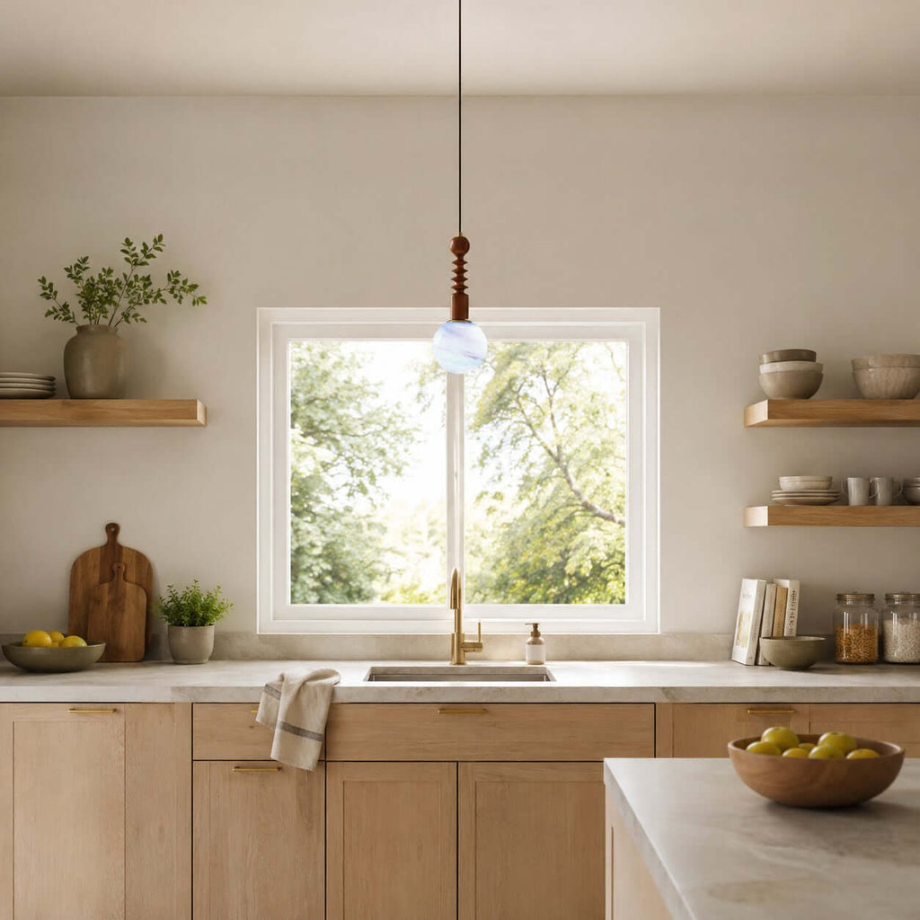 This Clérachic pendant hangs in front of a kitchen window with open shelves, its pale blue globe catching the daylight.
