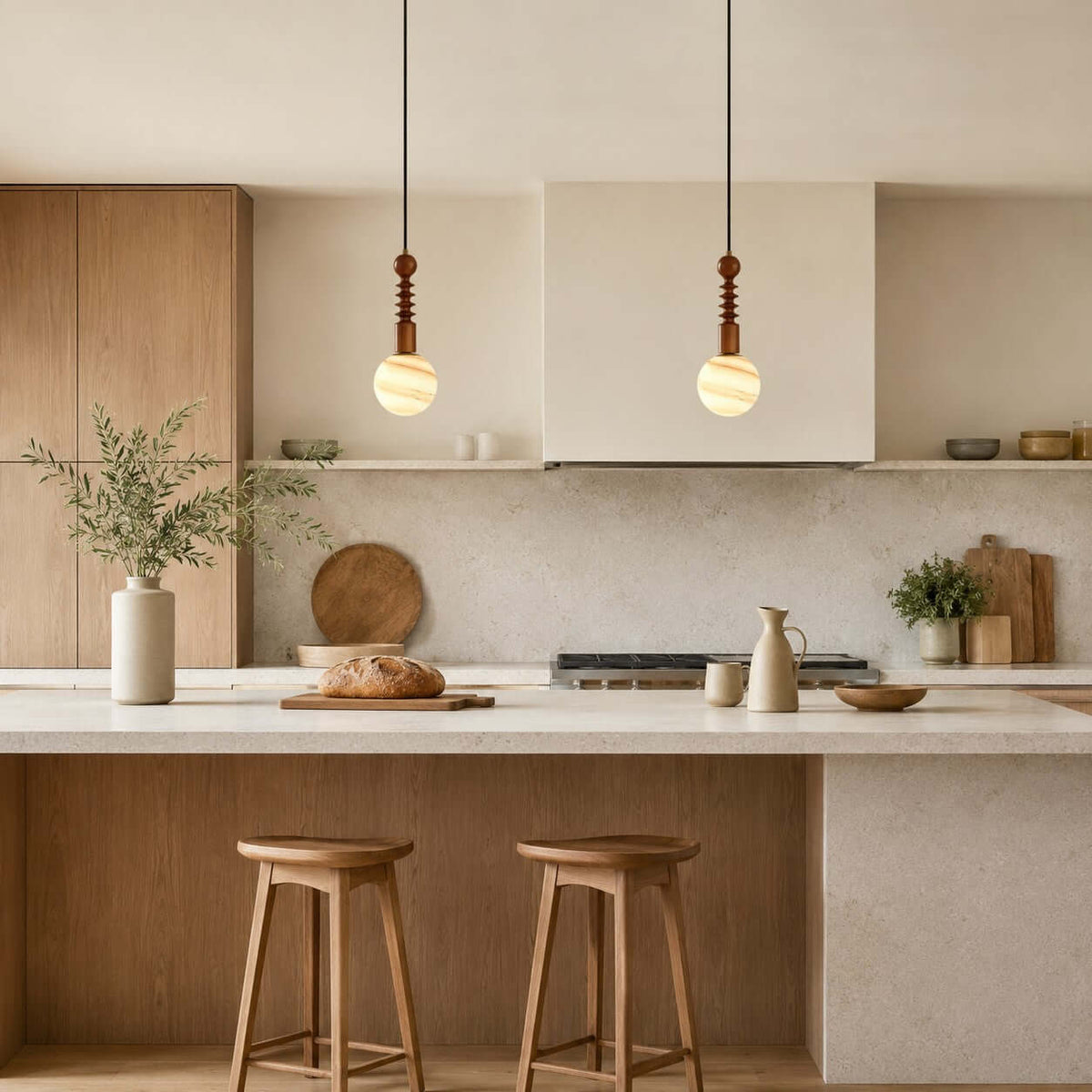 Two Clérachic pendants with softly striped globes hang above an oak-fronted kitchen island with two wooden stools.