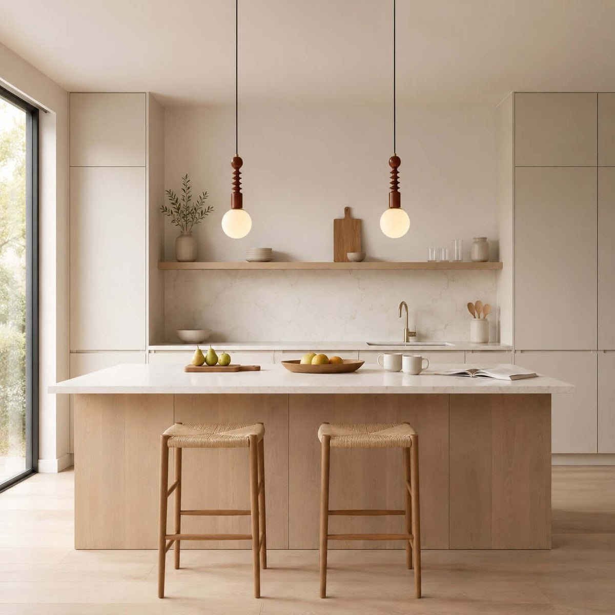 Two Clérachic pendants with white globes hang in a calm kitchen above an island with two rush-seat stools.