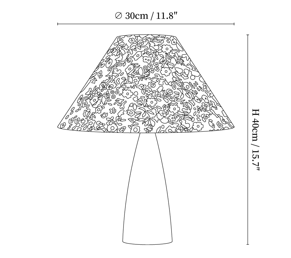 Clérachic table lamp dimension drawing, 1 of 2, every measurement marked in centimetres and inches.