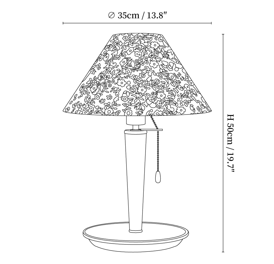 Clérachic table lamp dimension drawing, 2 of 2, every measurement marked in centimetres and inches.