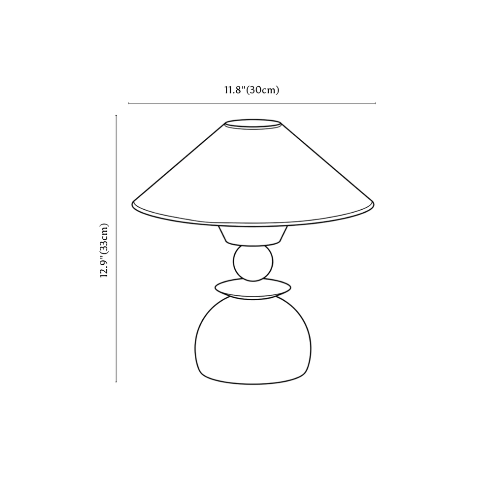 Clérachic table lamp dimension drawing, every measurement marked in centimetres and inches.