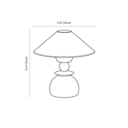 Clérachic table lamp dimension drawing, every measurement marked in centimetres and inches.