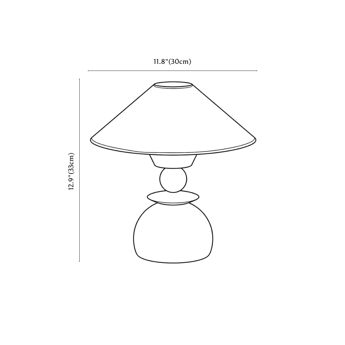 Clérachic table lamp dimension drawing, every measurement marked in centimetres and inches.