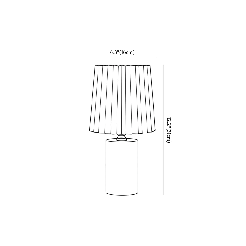 Clérachic table lamp dimension drawing, every measurement marked in centimetres and inches.