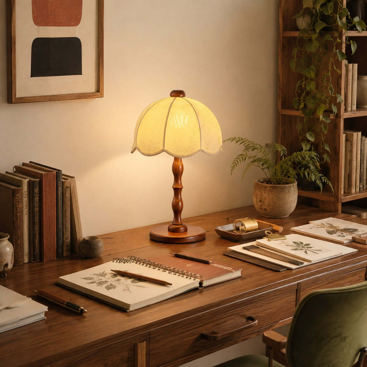 Lit Clérachic table lamp on a wooden desk with open sketchbooks, a green plant and a shelf of books behind.