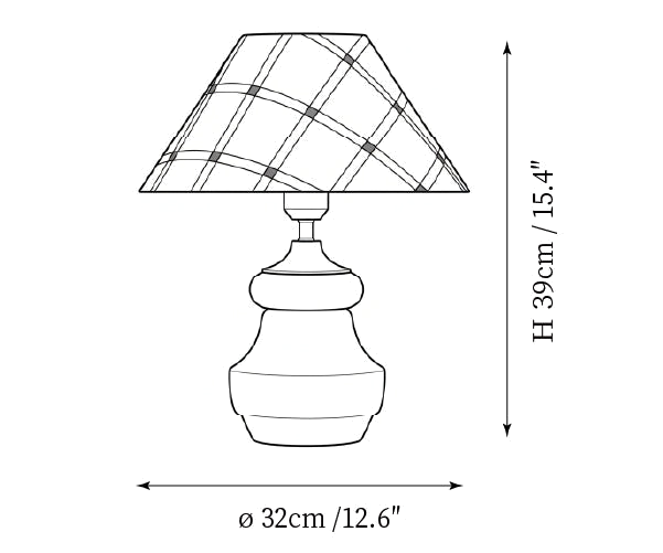 Clérachic table lamp dimension drawing, 1 of 4, every measurement marked in centimetres and inches.