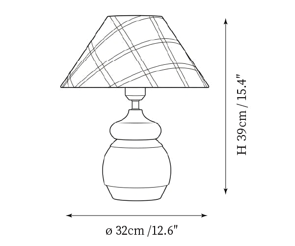 Clérachic table lamp dimension drawing, 2 of 4, every measurement marked in centimetres and inches.