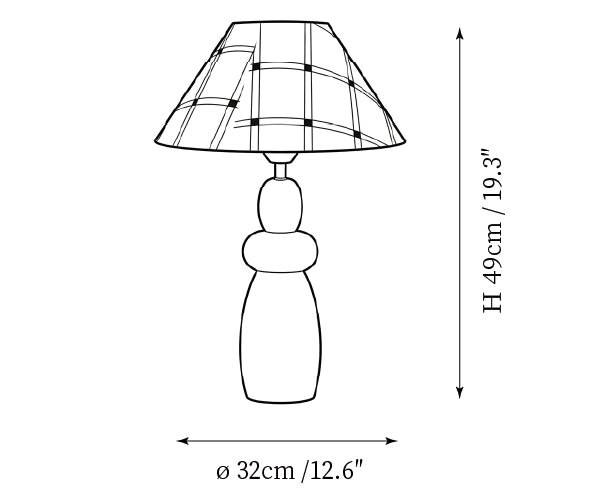 Clérachic table lamp dimension drawing, 3 of 4, every measurement marked in centimetres and inches.