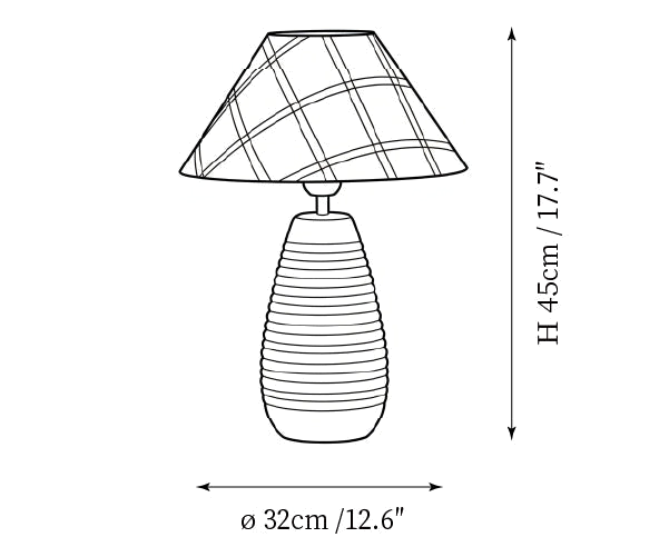 Clérachic table lamp dimension drawing, 4 of 4, every measurement marked in centimetres and inches.