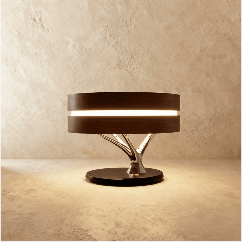 Clérachic drum table lamp with a dark wood shade, glowing band and chrome branch stem on a black base, on limewash.
